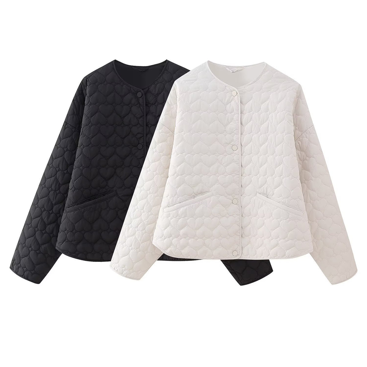 Heart Quilted Collarless Snap Jacket - Black - 2