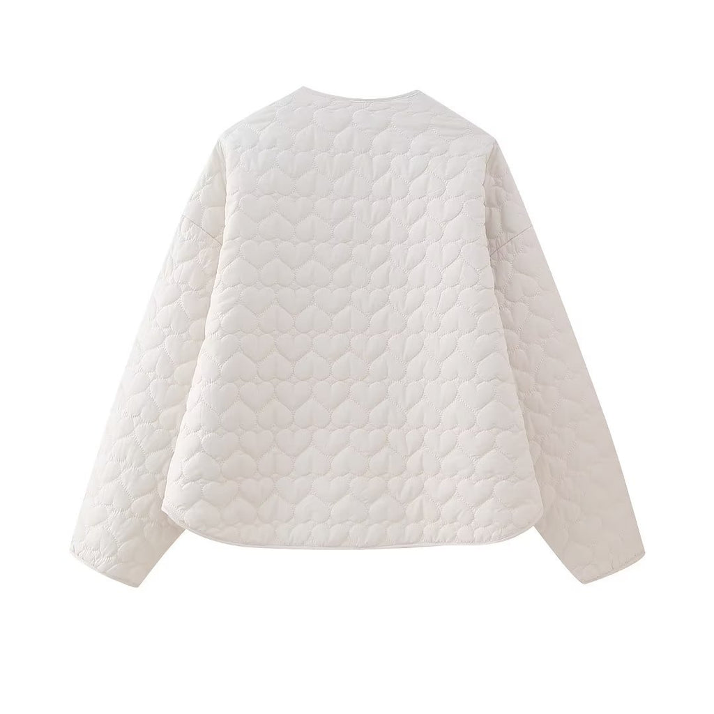 Heart Quilted Collarless Snap Jacket - White - 1