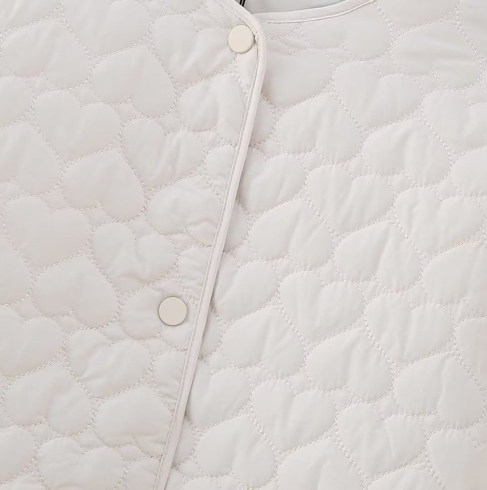 Heart Quilted Collarless Snap Jacket - White - 2