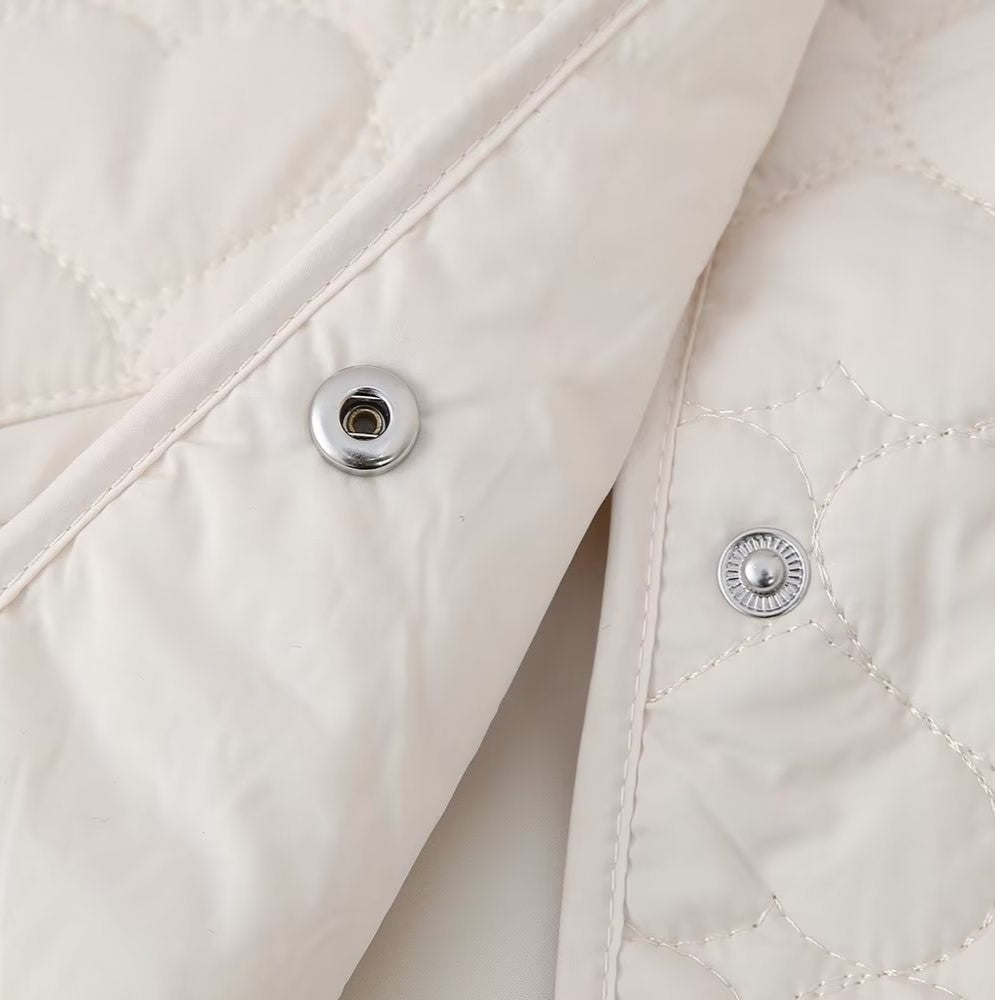 Heart Quilted Collarless Snap Jacket - White - 4