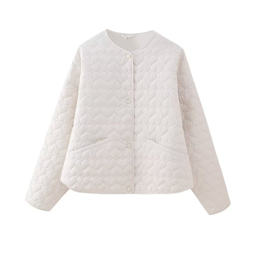 Heart Quilted Collarless Snap Jacket