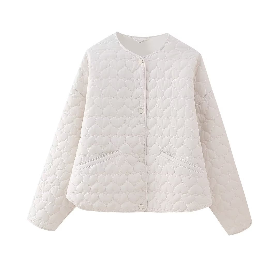Heart Quilted Collarless Snap Jacket