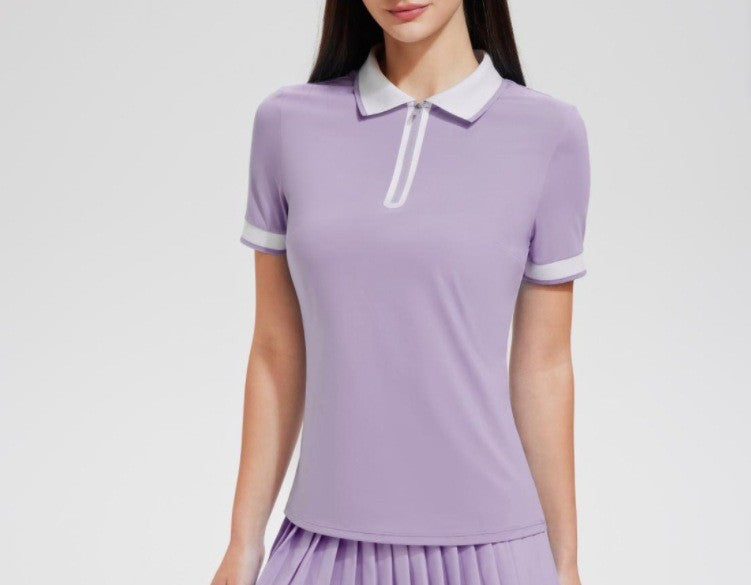 Contrast Trim Zip Placket Slim Fit Tennis Golf Polo - Lavender