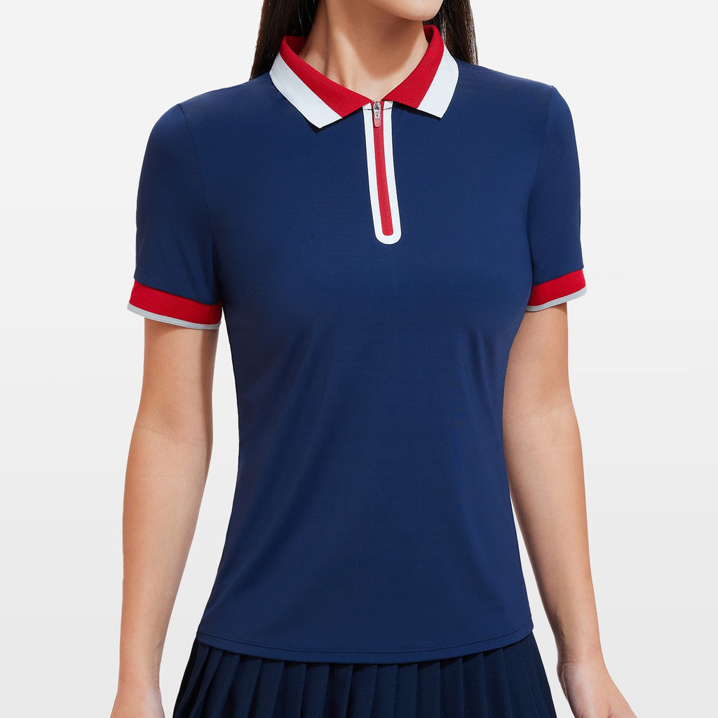 Contrast Trim Zip Placket Slim Fit Tennis Golf Polo - Navy Red