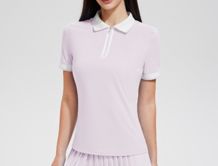 Contrast Trim Zip Placket Slim Fit Tennis Golf Polo - Pink Mist