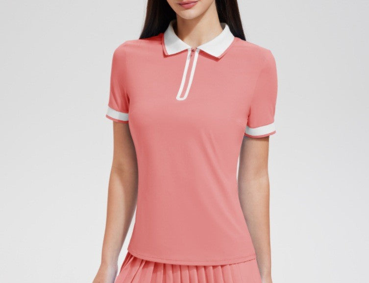 Contrast Trim Zip Placket Slim Fit Tennis Golf Polo - Salmon Pink