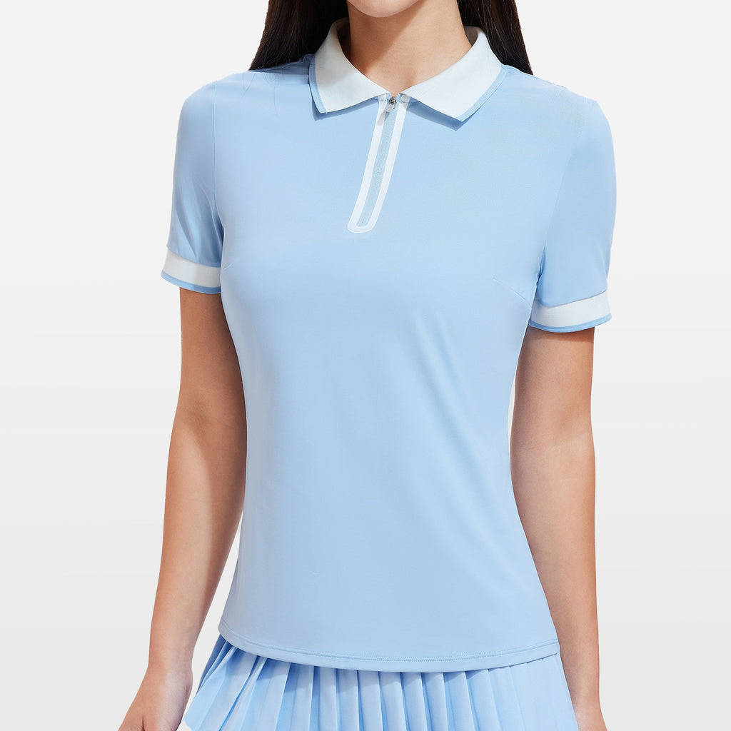 Contrast Trim Zip Placket Slim Fit Tennis Golf Polo - Sky Blue