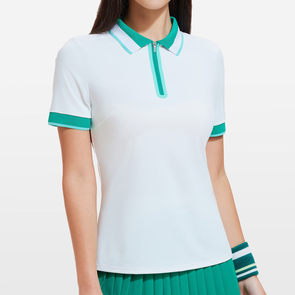 Contrast Trim Zip Placket Slim Fit Tennis Golf Polo - White Green