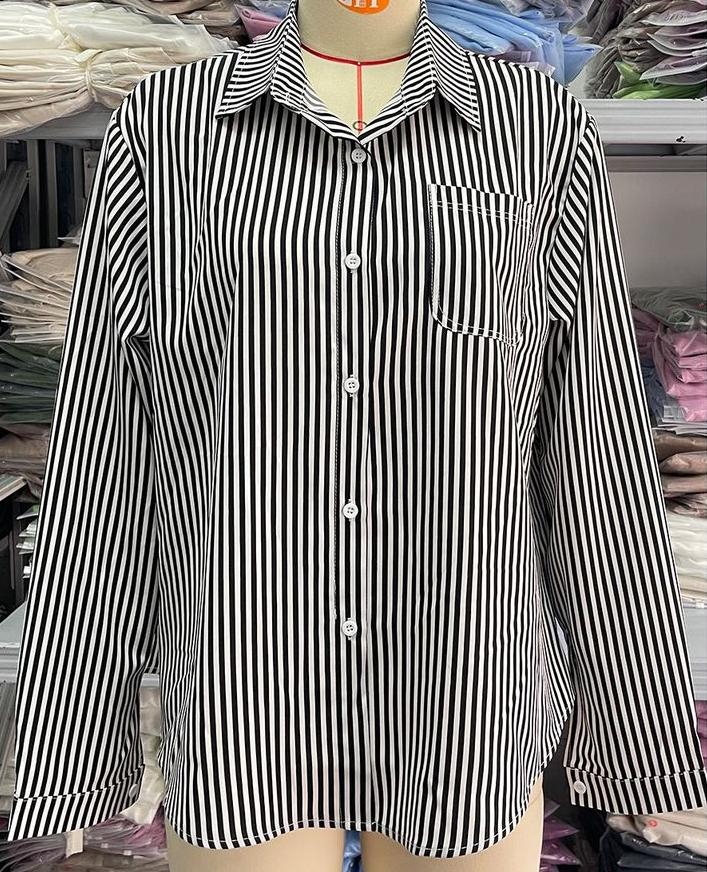 Striped Button Down Shirt Roll Tab Sleeves - Black