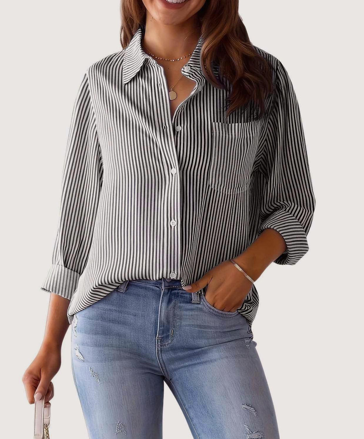 Striped Button Down Shirt Roll Tab Sleeves - Black - 1