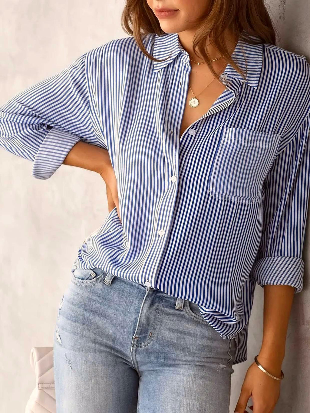 Striped Button Down Shirt Roll Tab Sleeves - Blue