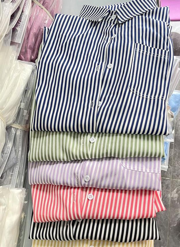 Striped Button Down Shirt Roll Tab Sleeves - Blue - 2