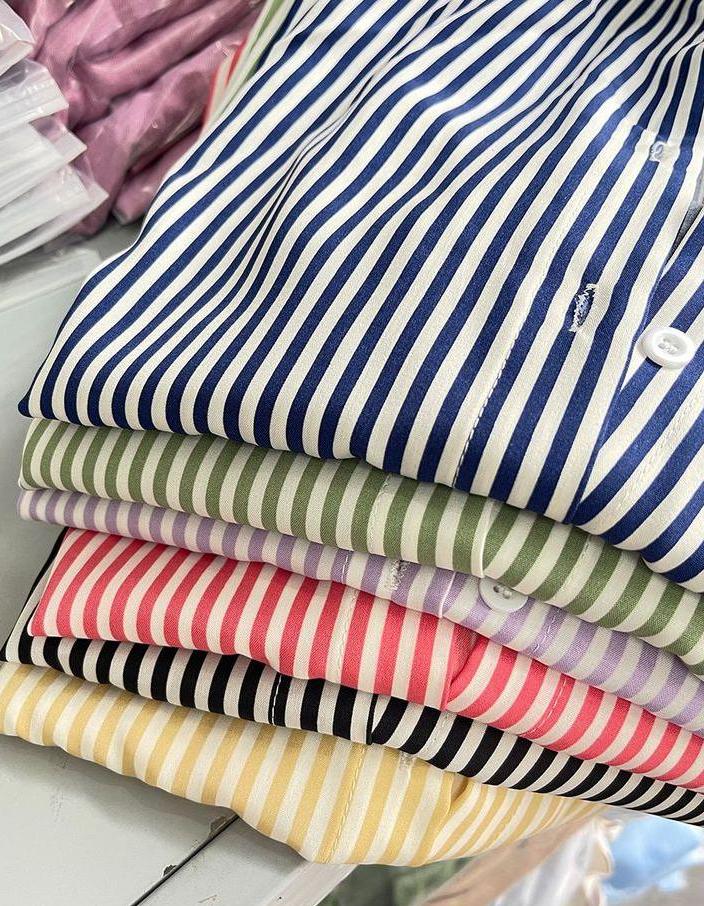 Striped Button Down Shirt Roll Tab Sleeves - Blue - 3