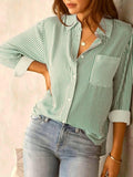 Striped Button Down Shirt Roll Tab Sleeves - Green