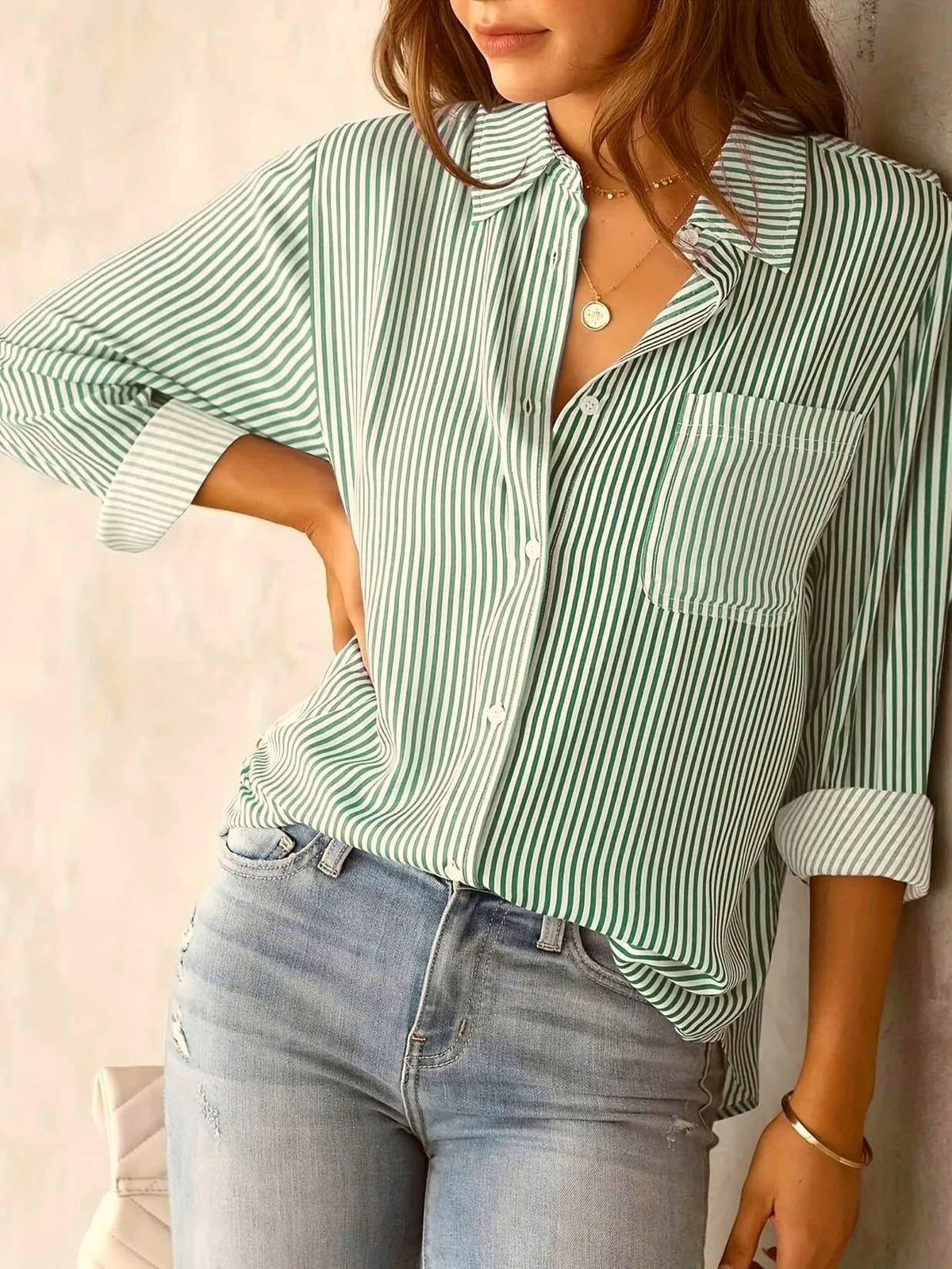 Striped Button Down Shirt Roll Tab Sleeves - Green