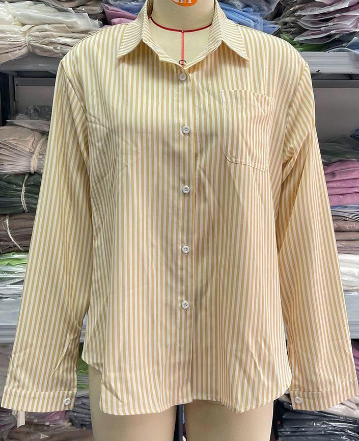 Striped Button Down Shirt Roll Tab Sleeves - Yellow