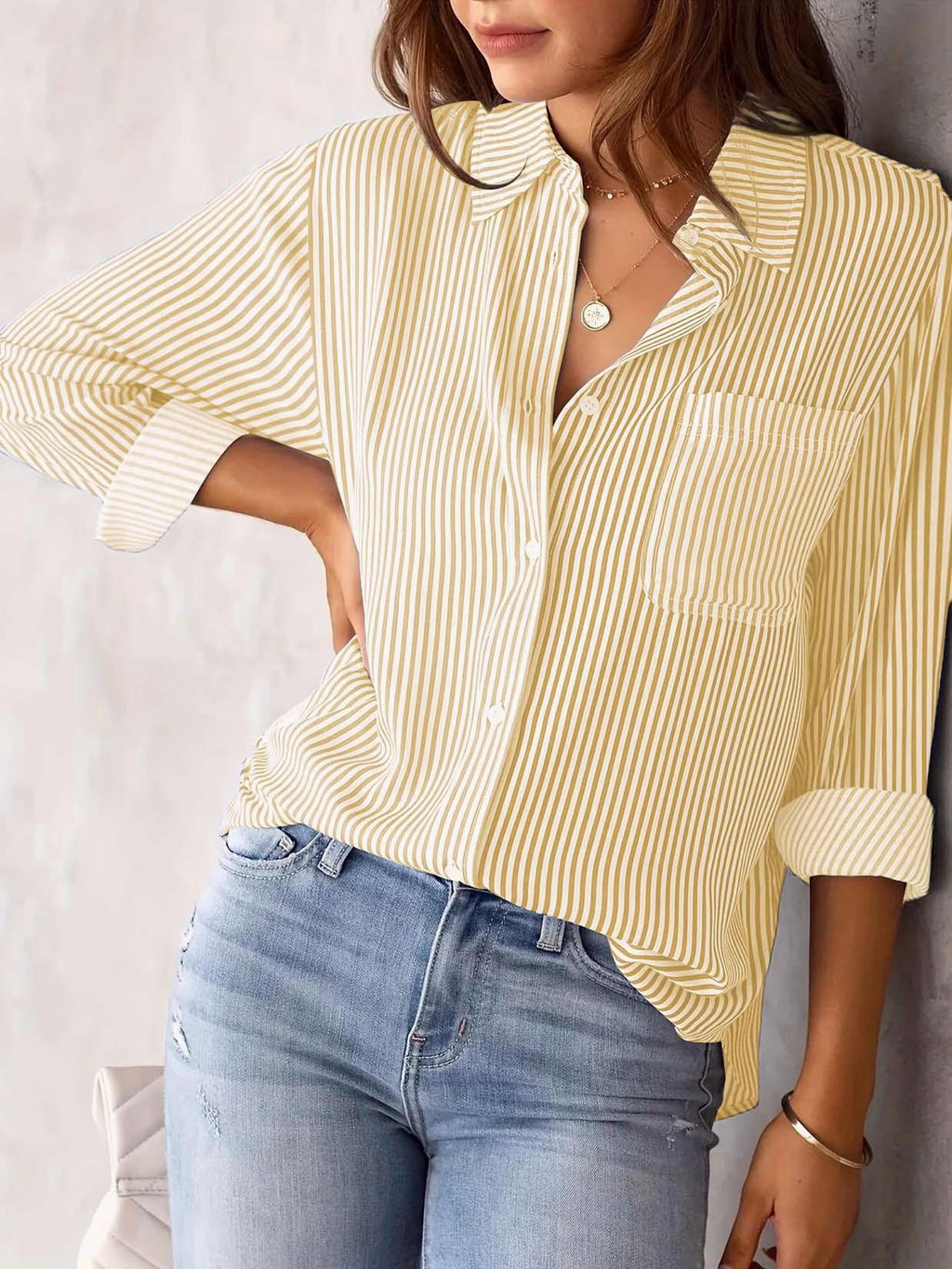 Striped Button Down Shirt Roll Tab Sleeves - Yellow - 1