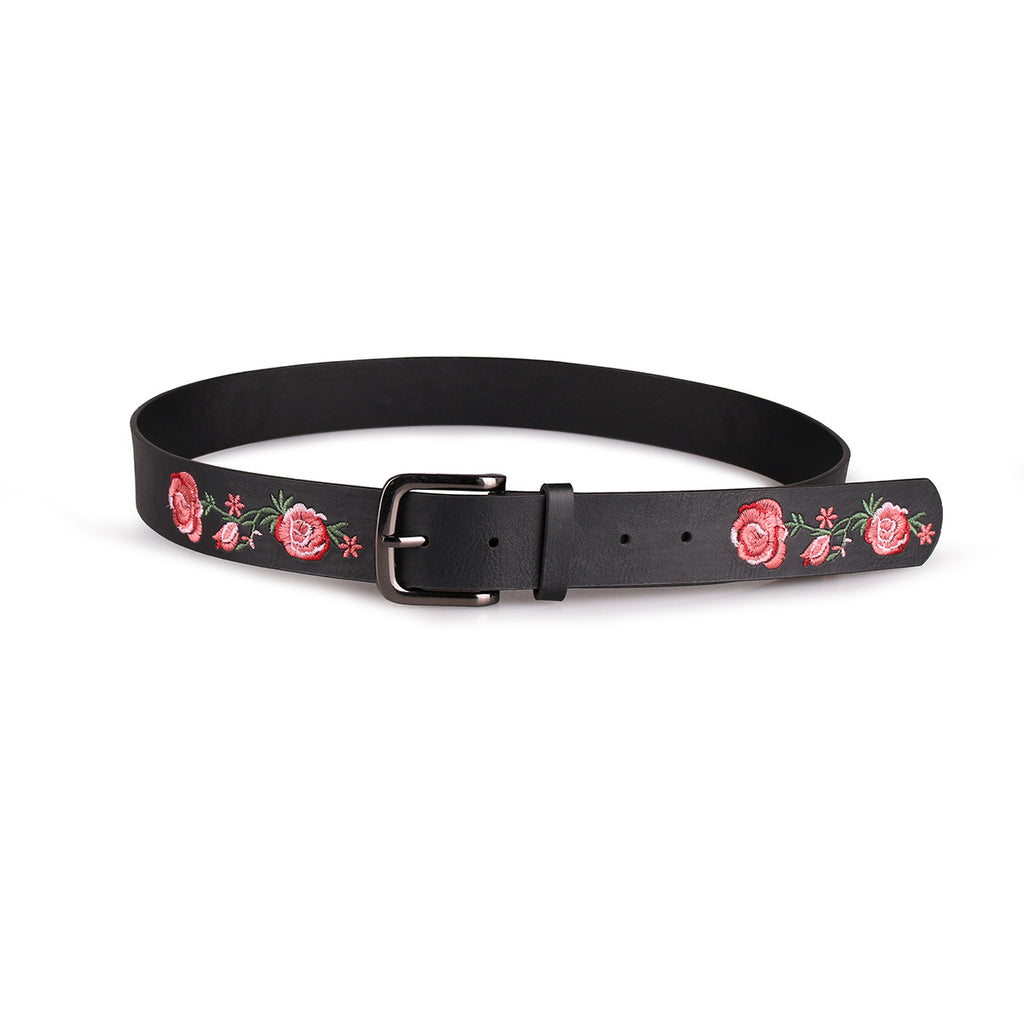 Rose Print Slim Leather Look Belt - Black