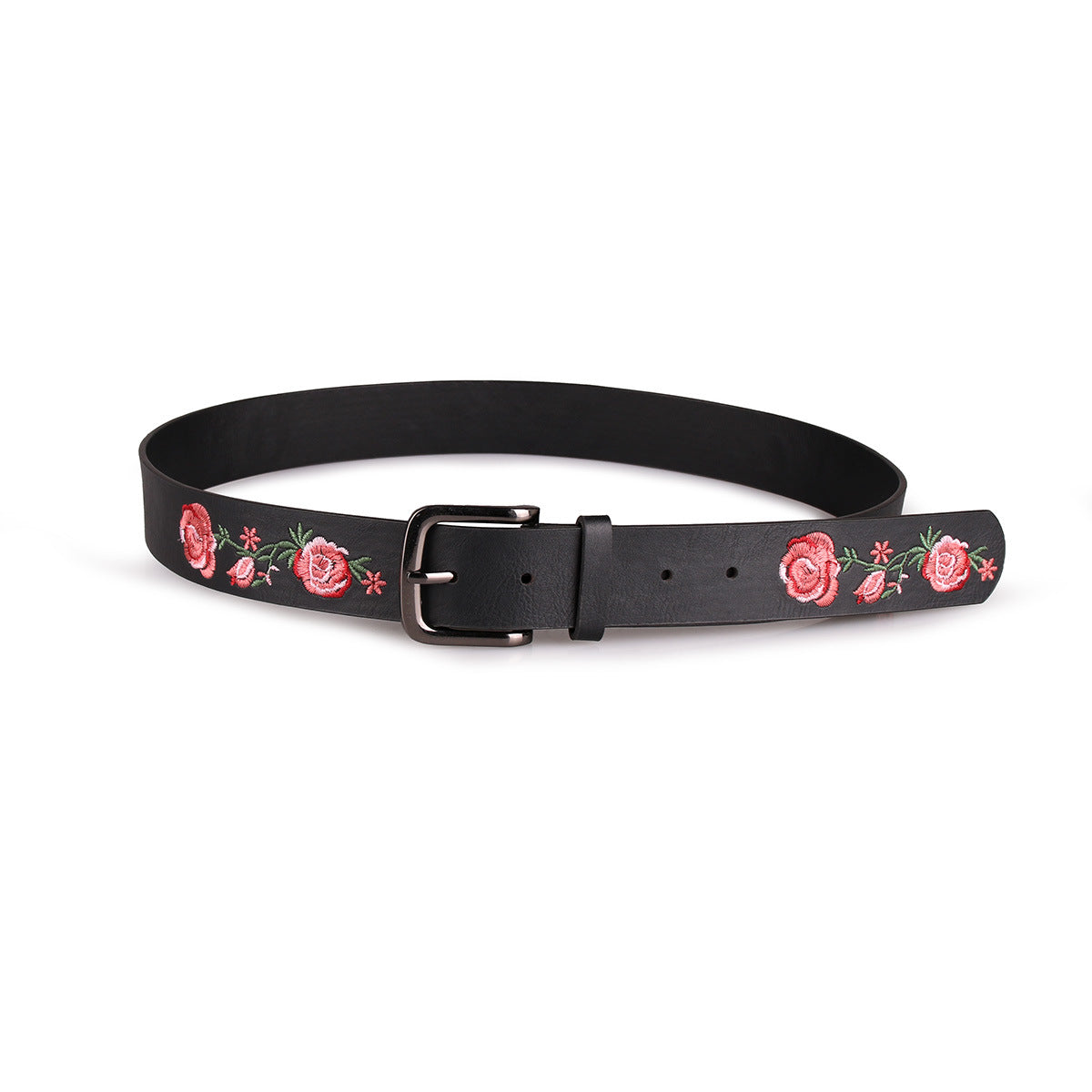 Rose Print Slim Leather Look Belt - Black