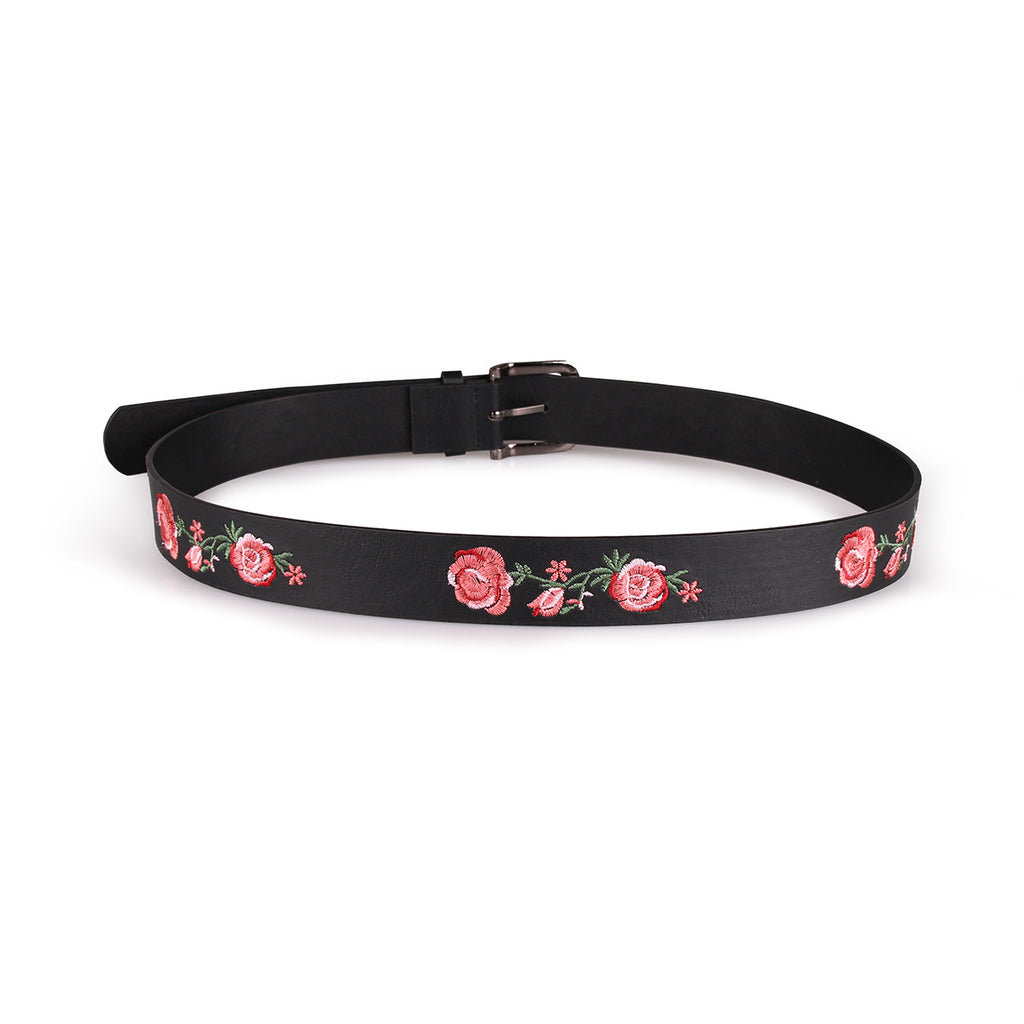 Rose Print Slim Leather Look Belt - Black - 1