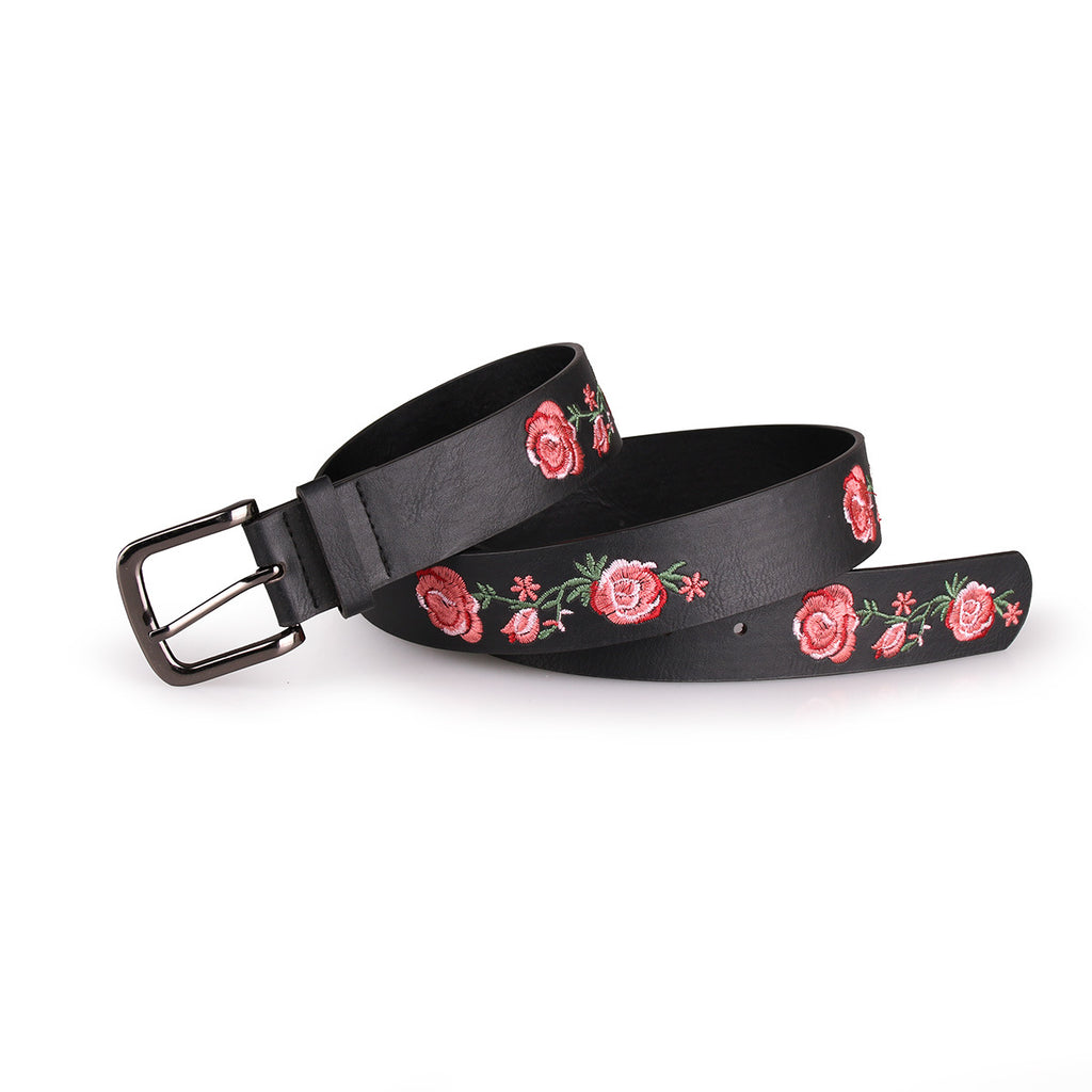 Rose Print Slim Leather Look Belt - Black - 2