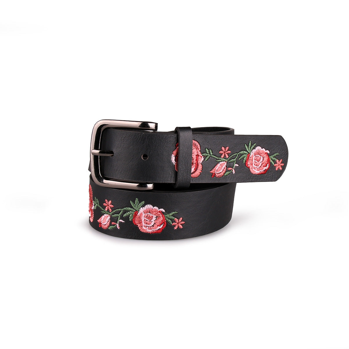 Rose Print Slim Leather Look Belt - Black - 3