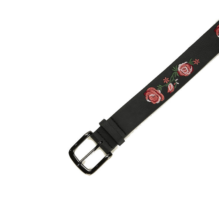 Rose Print Slim Leather Look Belt - Black - 4