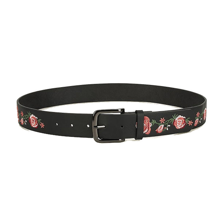 Rose Print Slim Leather Look Belt - Black - 5