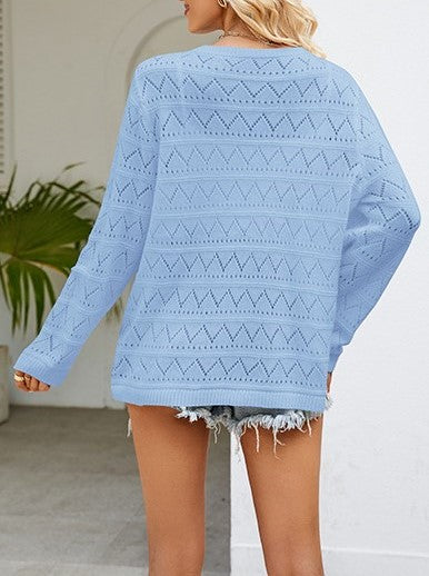 Chevron Pointelle Open Knit Boat Neck Sweater - Blue - 2
