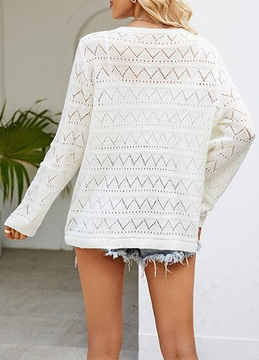 Chevron Pointelle Open Knit Boat Neck Sweater - White - 2
