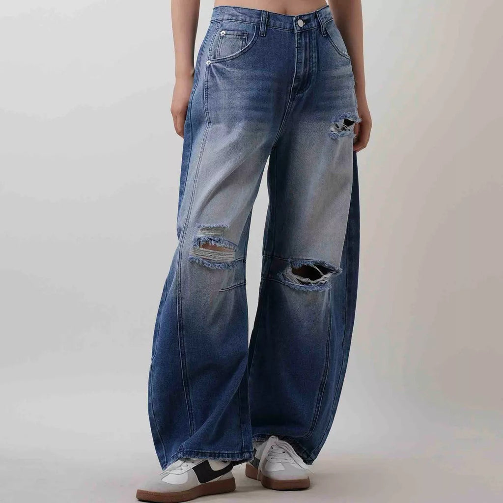 Ripped Knee Barrel Leg Baggy Jeans - Dark