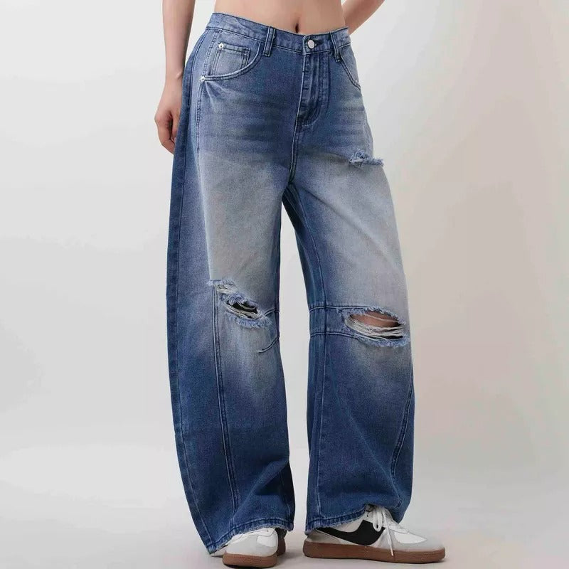 Ripped Knee Barrel Leg Baggy Jeans - Dark - 1