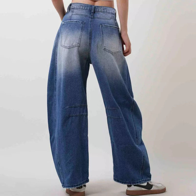 Ripped Knee Barrel Leg Baggy Jeans - Dark - 2
