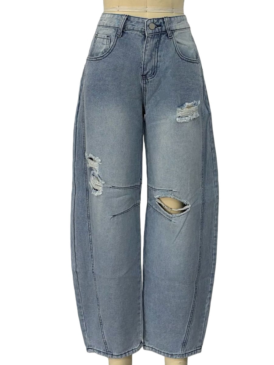 Ripped Knee Barrel Leg Baggy Jeans - Light - 1