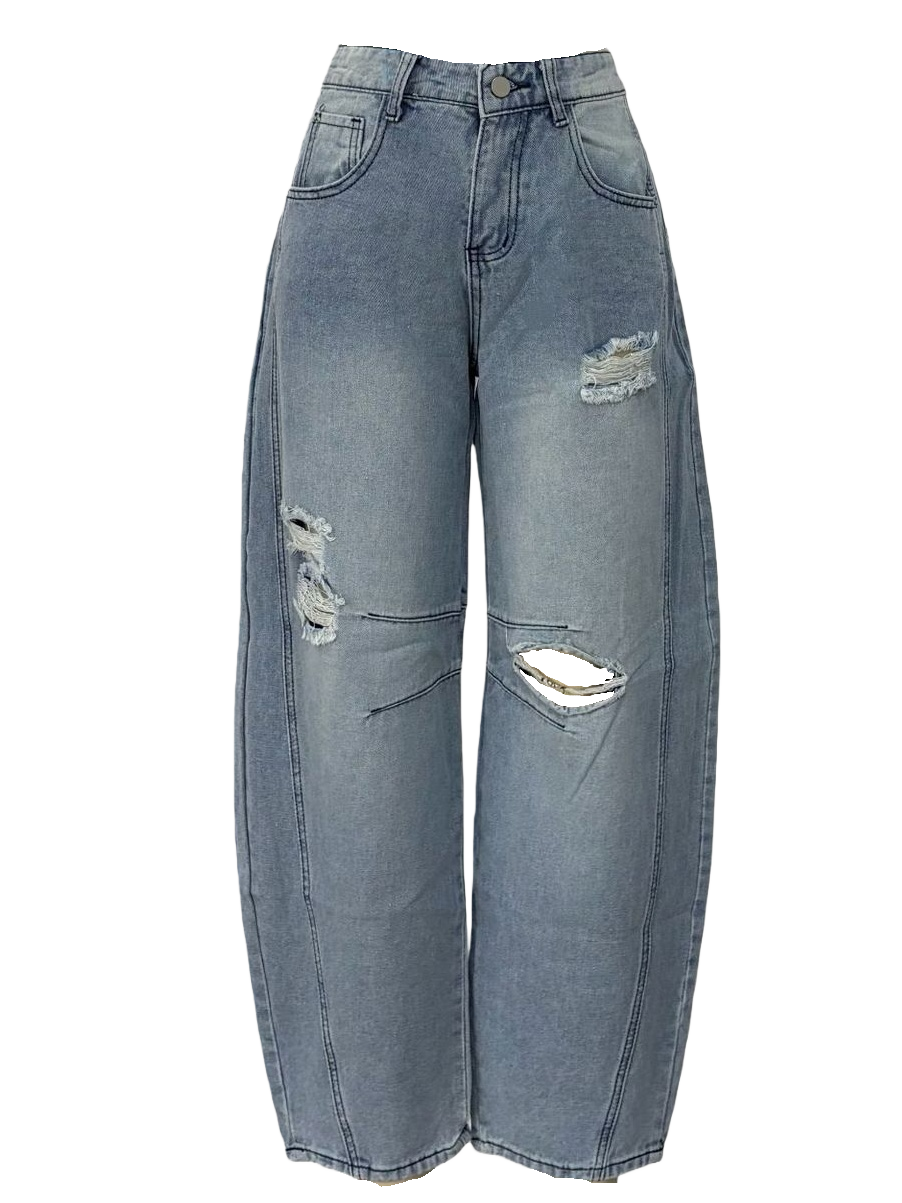 Ripped Knee Barrel Leg Baggy Jeans - Light - 2