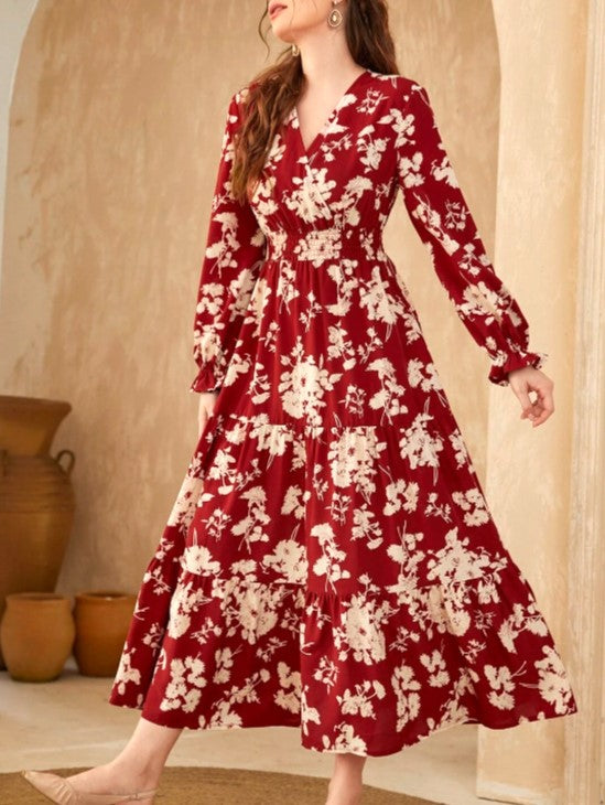 Painterly Floral Ruffle Cuff Maxi Dress - Red
