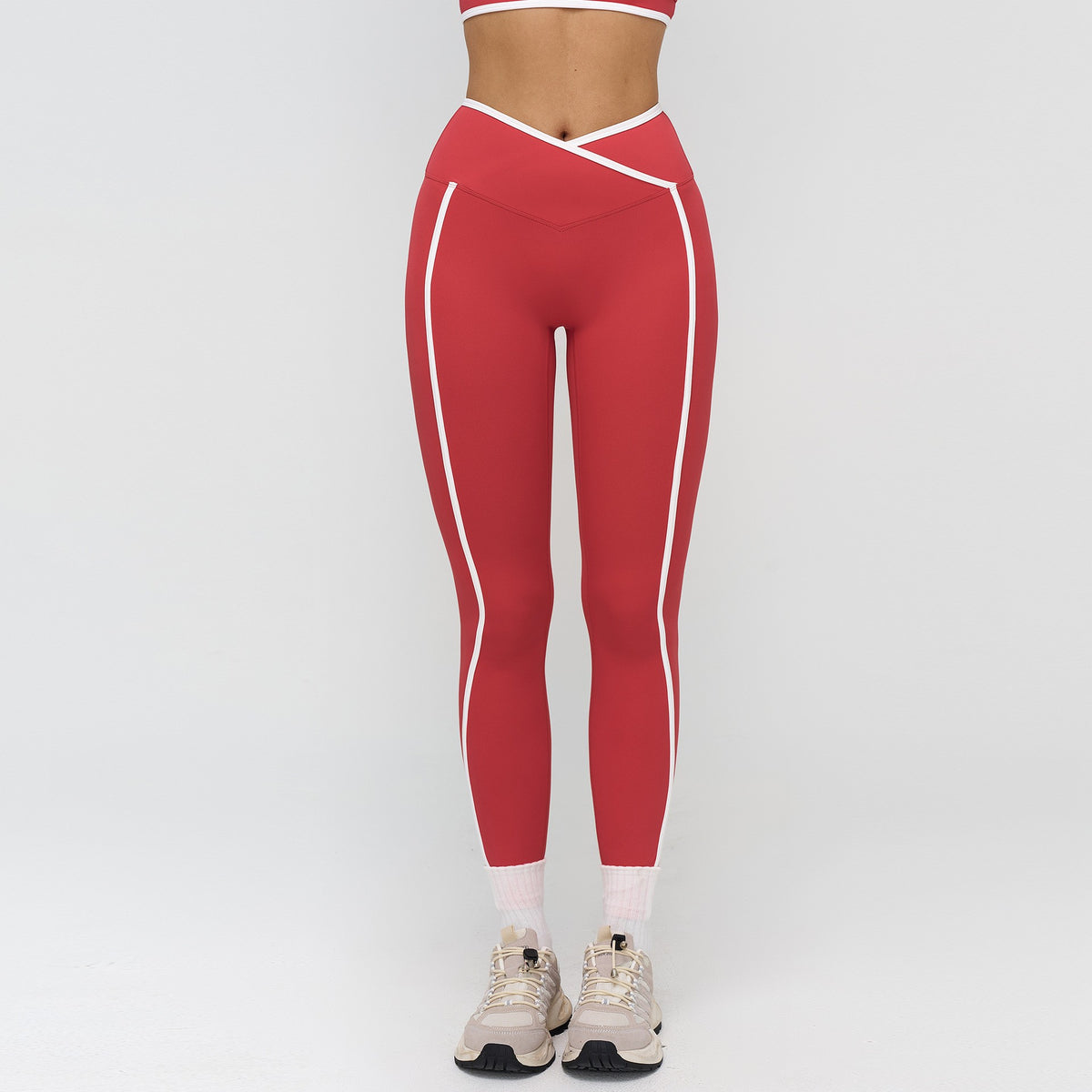 Contrast Piped Crossover High Waist Yoga Leggings - Raspberry