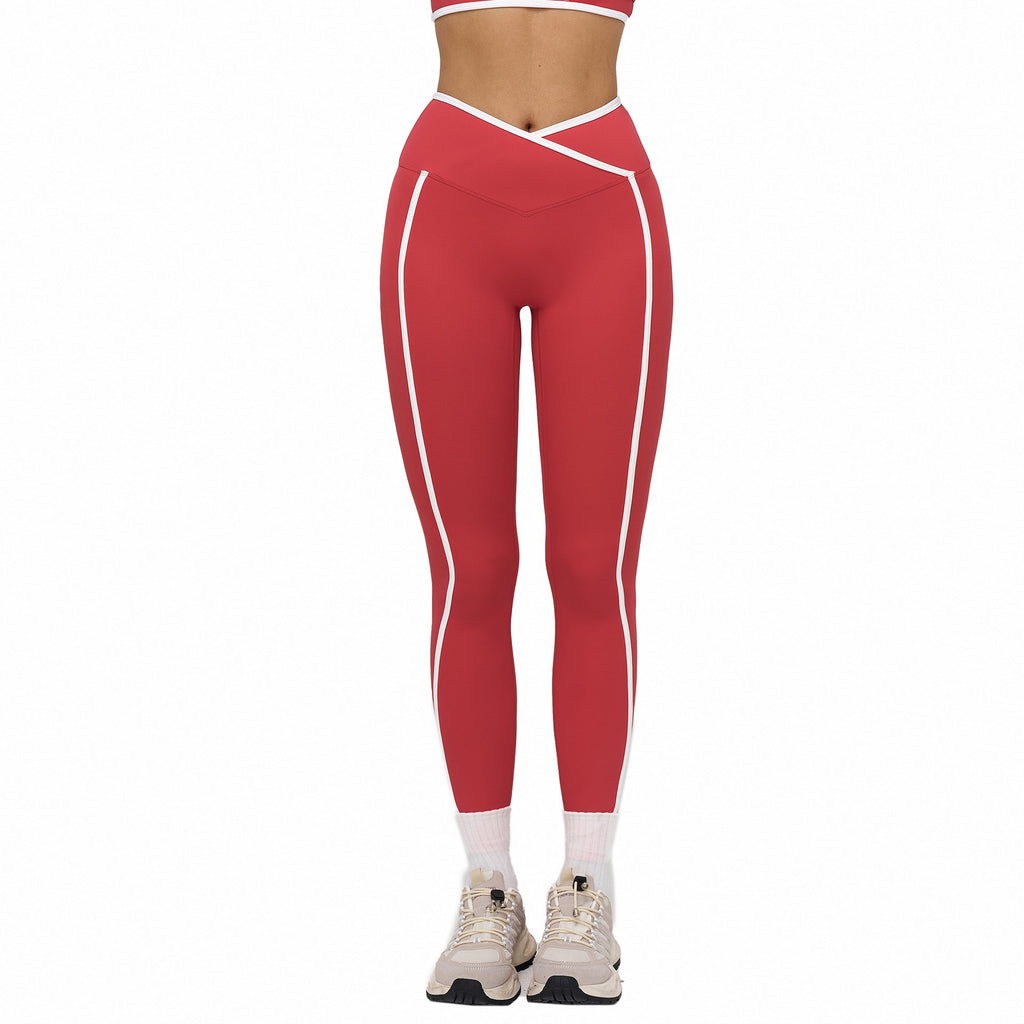 Contrast Piped Crossover High Waist Yoga Leggings