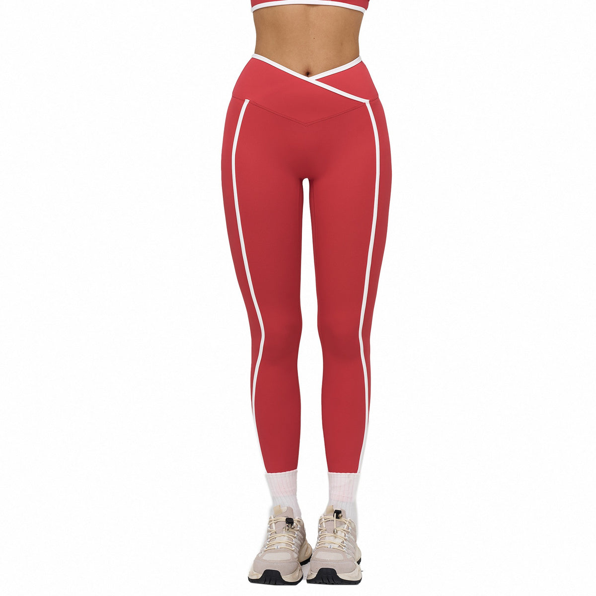 Contrast Piped Crossover High Waist Yoga Leggings