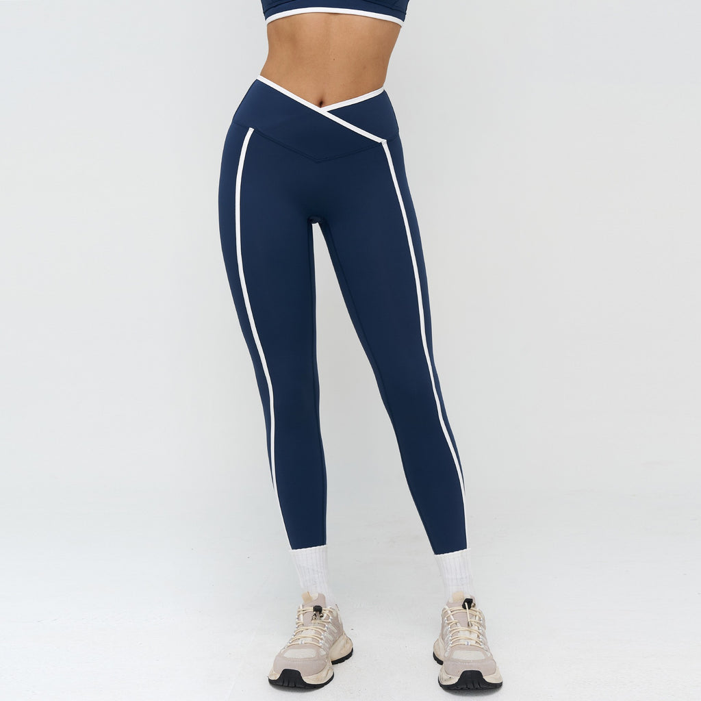 Contrast Piped Crossover High Waist Yoga Leggings