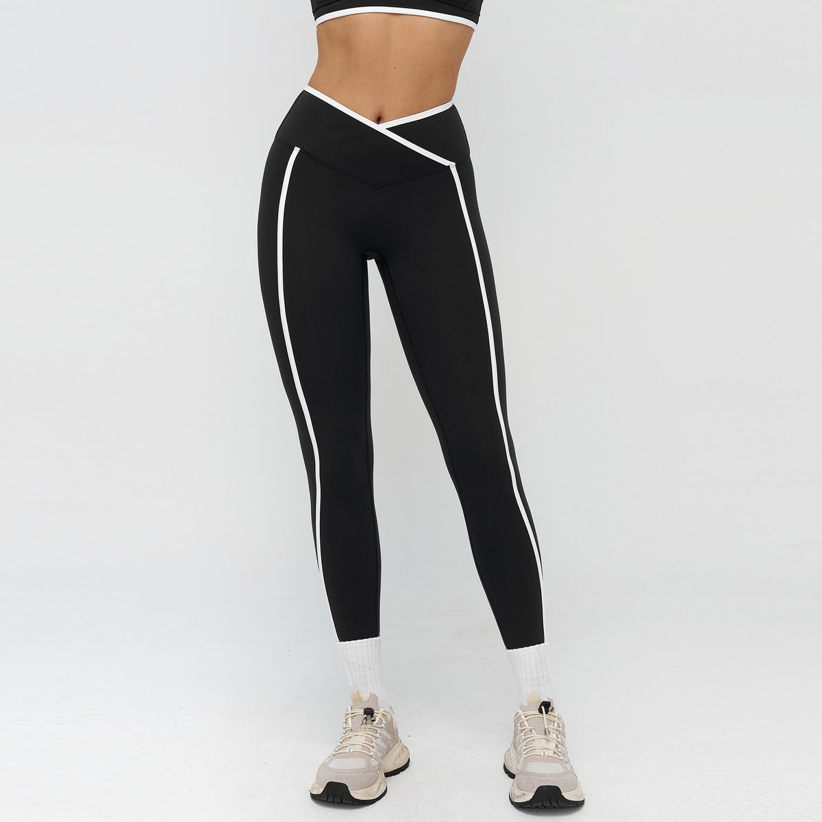 Contrast Piped Crossover High Waist Yoga Leggings