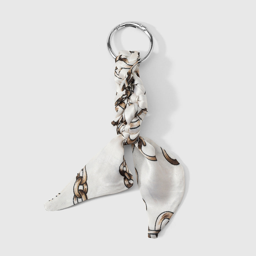 Printed Scarf Bow Bag Charm Keychain - Beige