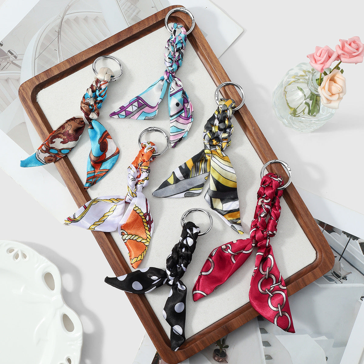 Printed Scarf Bow Bag Charm Keychain - PolkaDot - 3