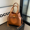 Belted Drawstring Bucket Tote Bag - Cognac