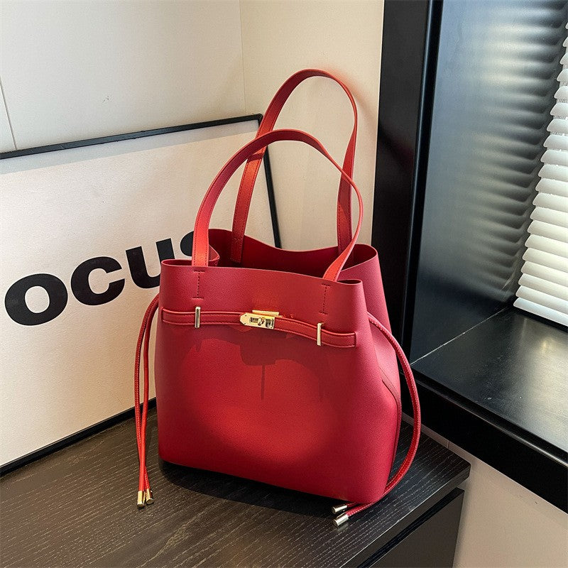 Belted Drawstring Bucket Tote Bag - Red