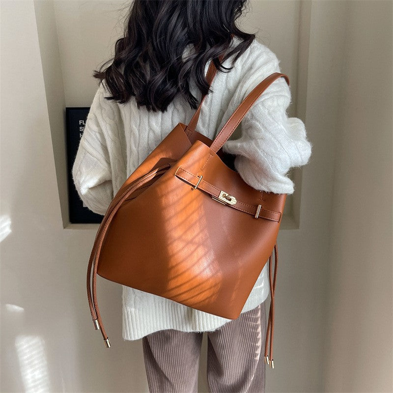 Belted Drawstring Bucket Tote Bag