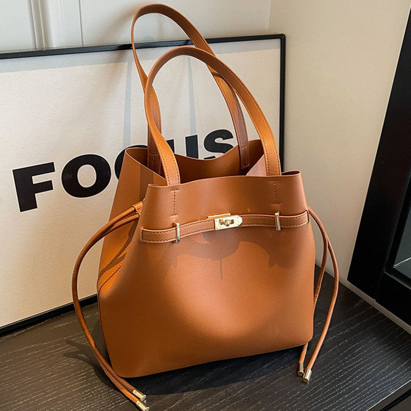 Belted Drawstring Bucket Tote Bag