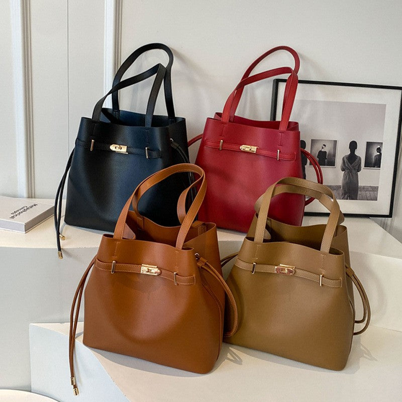 Belted Drawstring Bucket Tote Bag
