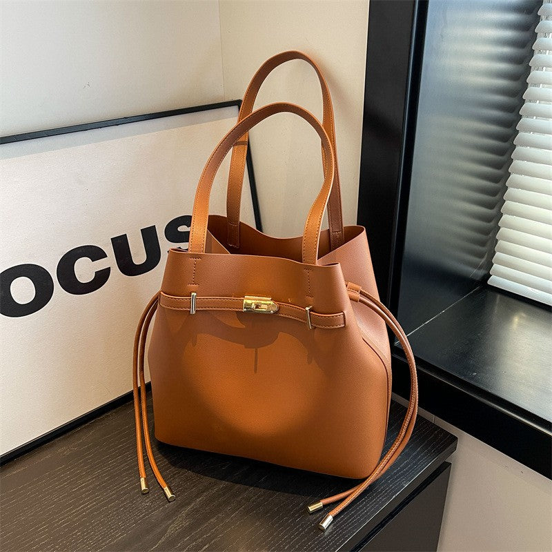 Belted Drawstring Bucket Tote Bag