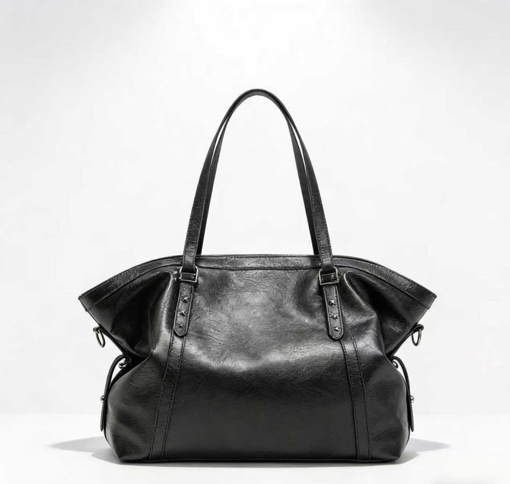 Oversized Slouchy Faux Leather Tote Bag - Black